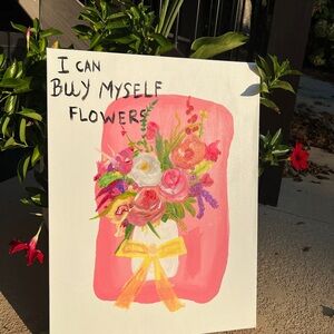 Hand painted Floral Canvas Art with Pink and Yellow Accents